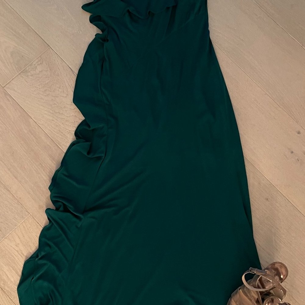 David Meister One Shoulder Ruffle Trim Maxi Dress Size 4 Green